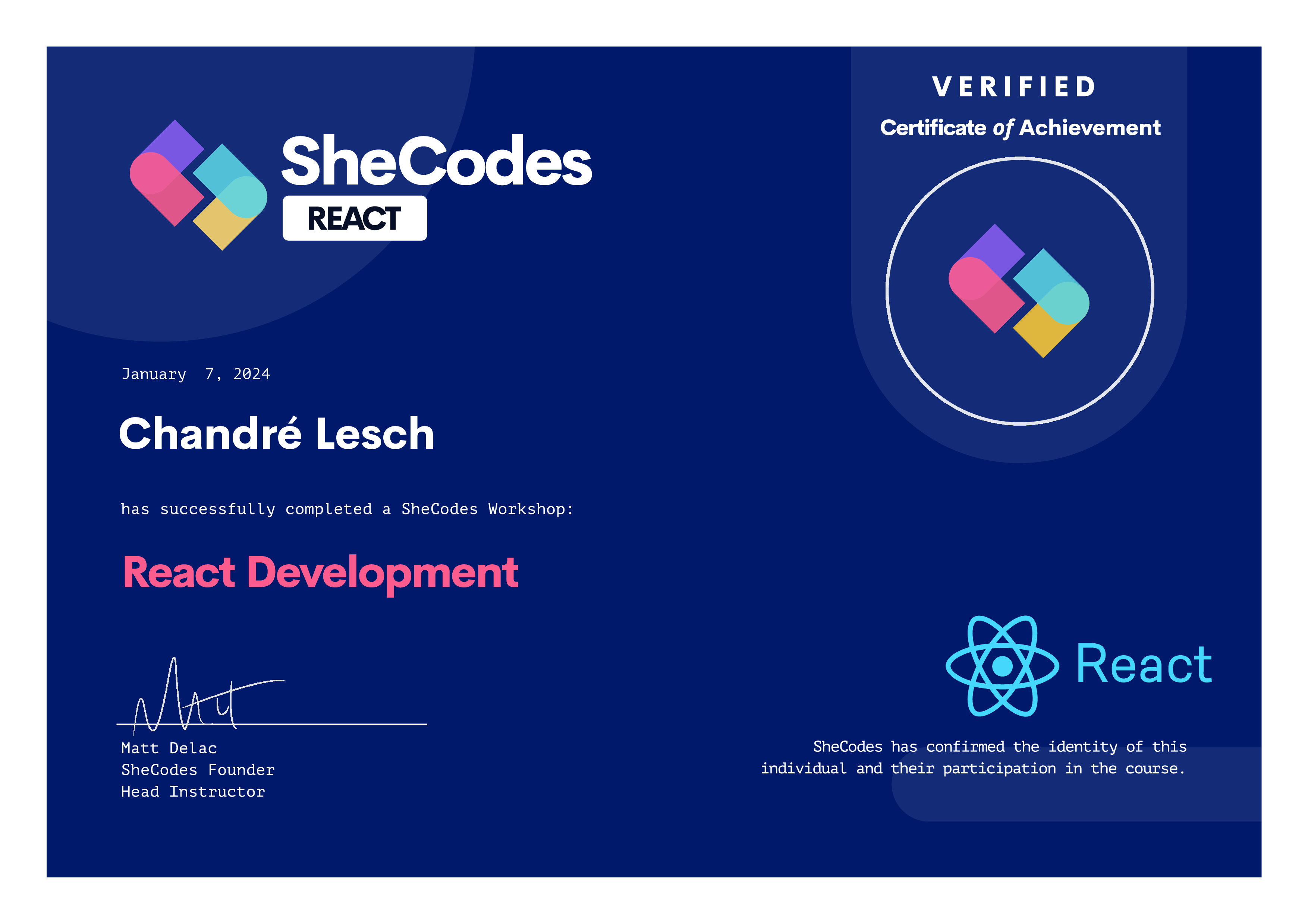 SheCodesReact Certificate